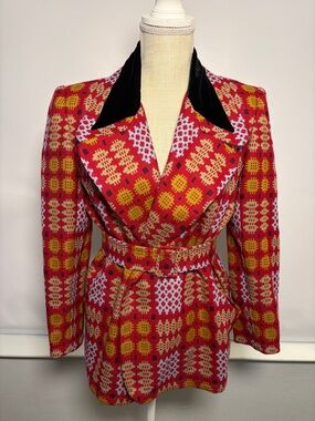 Christian Lacroix 90s Belted Blazer Jacket Black Velvet Collar statement piece